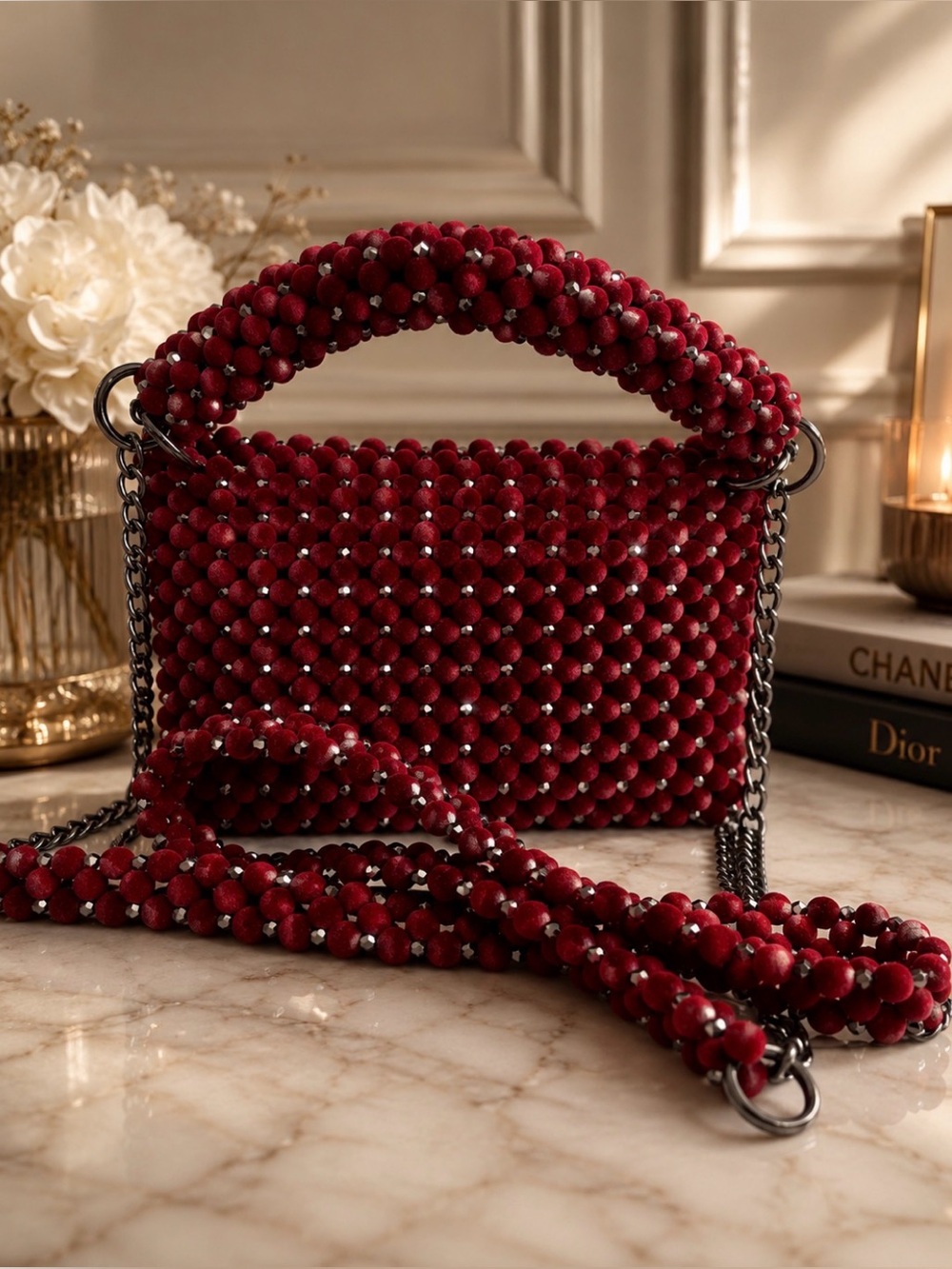 Women’s Red Beaded Top-Handle Bag